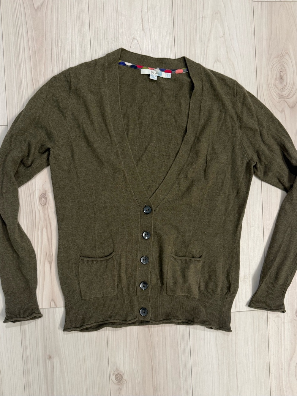 Boden-Olive Green V-Neck Button Cardigan Sweater-Cashmere Blend